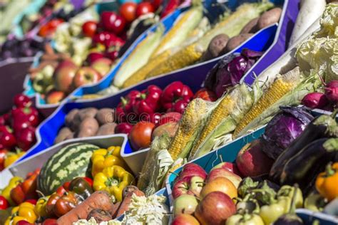 Farmers Fruit Market With Various Colorful Fresh Fruits And Vegetables