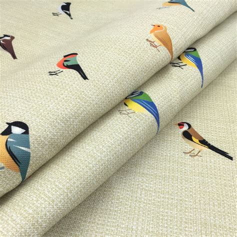 Bird Print Upholstery Fabric Colorful Birds On Linen Pattern Etsy
