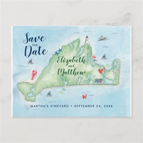 Edgartown Marthas Vineyard Map Save The Date Announcement Postcard