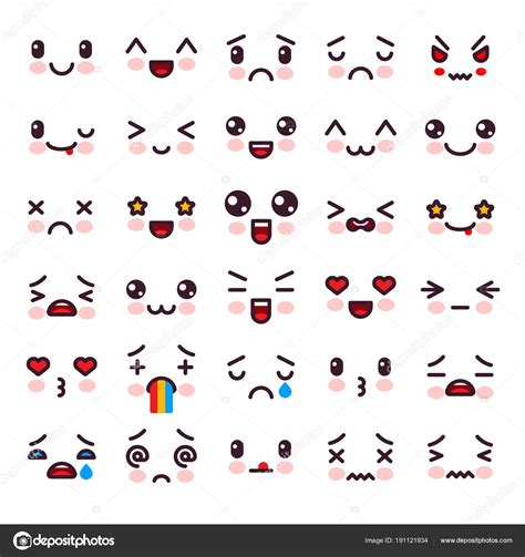 귀여운 벡터 만화 이모티콘 문자 다른 감정 및 흰색 배경에 고립 된 다른 감정 감정 식 그림 감정 집합이 일본 Emoji 얼굴