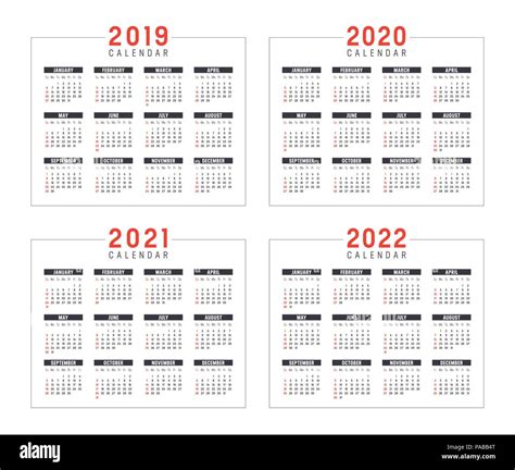 Set Of Minimalist Calendars Years 2019 2020 2021 2022 Weeks Start