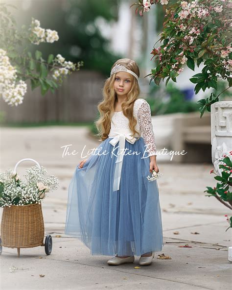 Tulle Flower Girl Dress Dusty Blue Flower Girl Dress Long Sleeve Flower Girl Dresses Boho