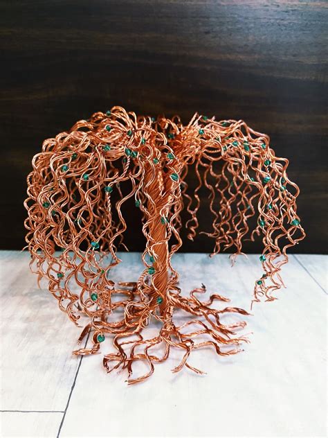 Wire Tree Sculpture Weeping Willow Copper Wire And Emerald Etsy