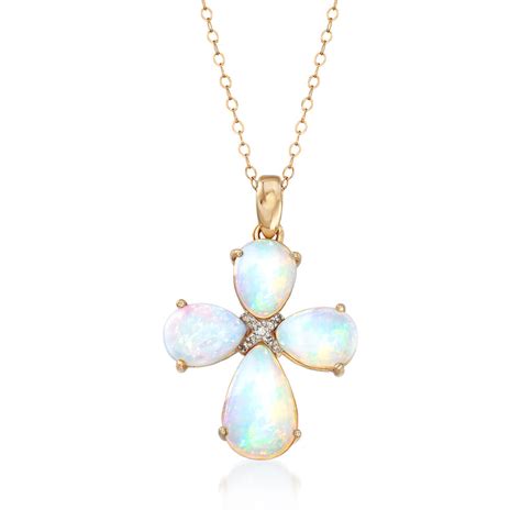 White Opal Cross Pendant Necklace With Diamond Accents In 14kt Yellow