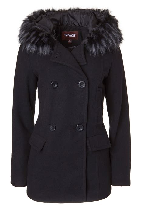 Sportoli Women's Winter Wool Look Double Breasted Pea Coat Jacket Fur ...