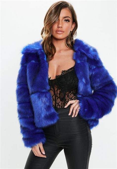 Blue Premium Cropped Faux Fur Jacket Faux Fur Cropped Jacket Faux