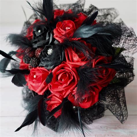 Red And Black Roses Gothic Style Hand Tied Bridal Wedding Bouquet