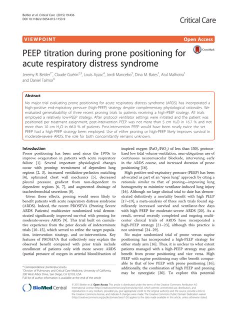 Pdf Peep Titration During Prone Positioning For Acute Respiratory