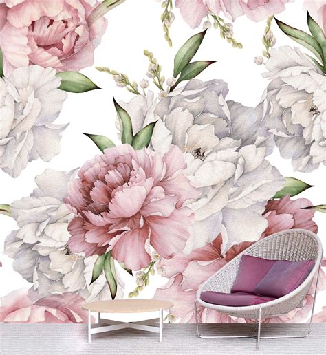 Watercolor Peony Blossoms Floral Wallpaper Peel And Stick Self Etsy