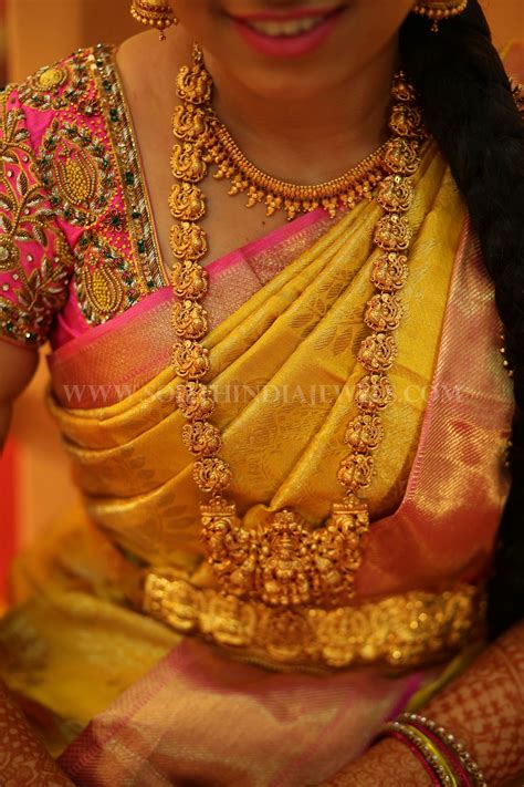 South Indian Bride In Gold Temple Haram And Vadanam ~ South