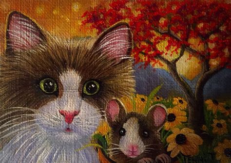 Aceo Original Cat Mouse Flowers Sunset Signed 2000 Now Ebay
