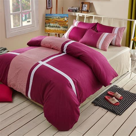 Wine Red Beige 4pcs Bedding Set 100 Cotton Solid Color Plaids Bed