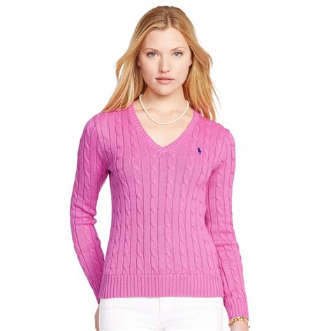 Lyst Polo Ralph Lauren Cabled Cotton V Neck Sweater In Pink