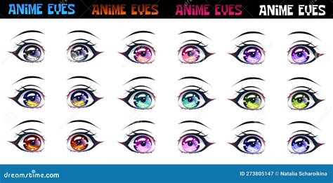 Set Of Female Eyes Of Different Colors In The Style Of Manga Stock