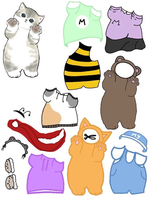 Котик с одеждой из бумаги Милый рисунок Иллюстрация кошки Стикер арт