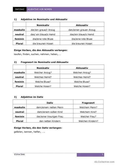 Adjektivdeklination Deutsch DAF Arbeitsblätter pdf doc