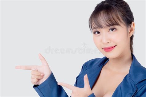 Beautiful Portrait Young Business Asian Woman Standing Presenting With