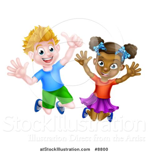 Vector Illustration Of A Cartoon Happy Excited White Boy And Black Girl