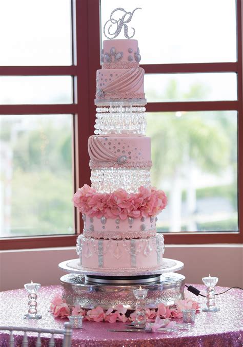 blush crystals quinceanera cake silver and pink