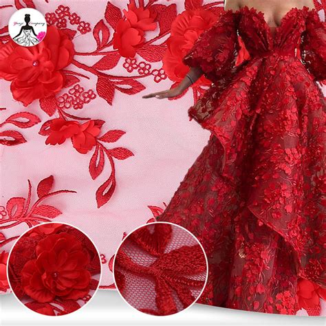 Red Bridal Beaded 3d Flowers Lace Fabric For Haute Couture Dress