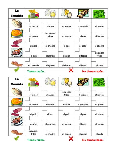 Comida Food In Spanish Grid Vocabulary Activity Teaching Resources