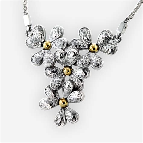 Beautiful Hammered Silver Flower Necklace With 14k Gold Zanfeld Jewellery