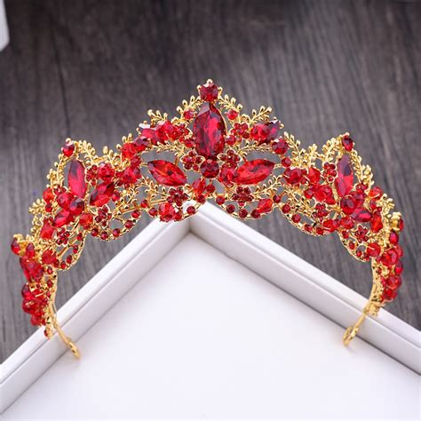 new fashion baroque luxury red crystal bridal crown tiaras vintage gold diadem tiaras for women