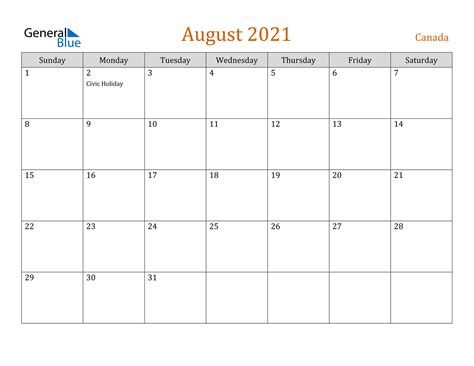 August 2021 Calendar Canada