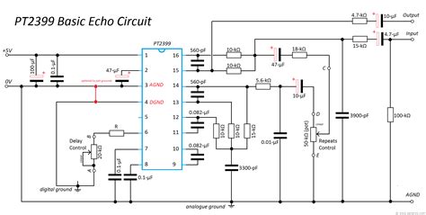 The pt2399 data sheet has complete circuit diagrams, but they are rather messy and most of the pin functions are not explained. PT2399 Basic Echo Circuit