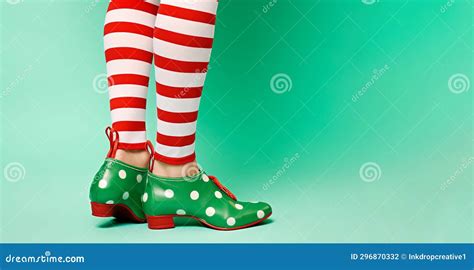 Close Up Of Festive Christmas Elf Legs With Striped Tights On A Bright Coloured Background Stock