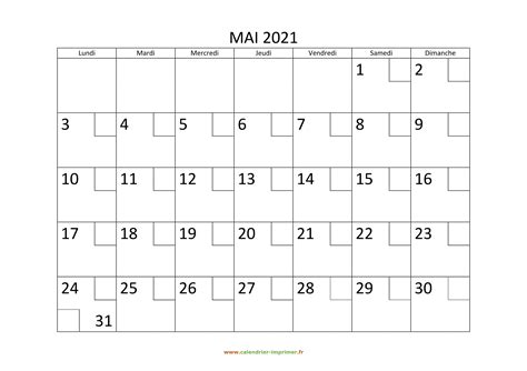 Calendrier Mai 2021 à Imprimer