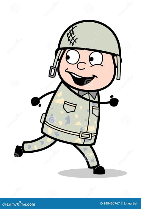 Running Pose Cute Army Man Cartoon Soldier Vector Illustration Stock