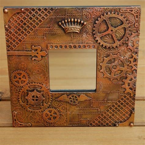 Steampunk Mirror In Frame Cogs Gears Unique Handmade Hangs On Wall