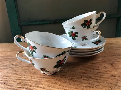 Lefton China Christmas Holly Teacup Set 7950 4 Sets Of Hand Etsy