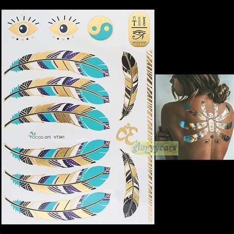 1pc flash gold silver metallic waterproof tattoo women henna vt341 blue feather gold eye eight