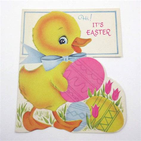 Vintage Easter Card Cute Yellow Duck Or Duckling With Easter Etsy