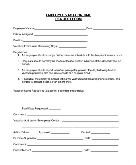Free Sample Vacation Request Forms In Pdf Ms Word