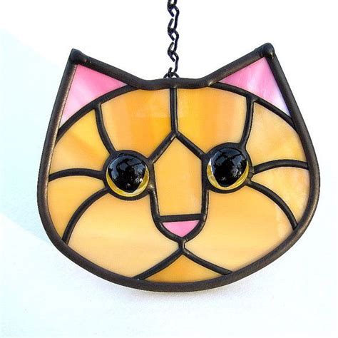 Stained Glass Ginger Cat Face Suncatcher With Golden Eyes Etsy Cat
