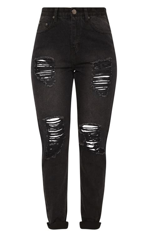 Washed Black Ripped Turn Up Mom Jeans Jeans Prettylittlething Aus