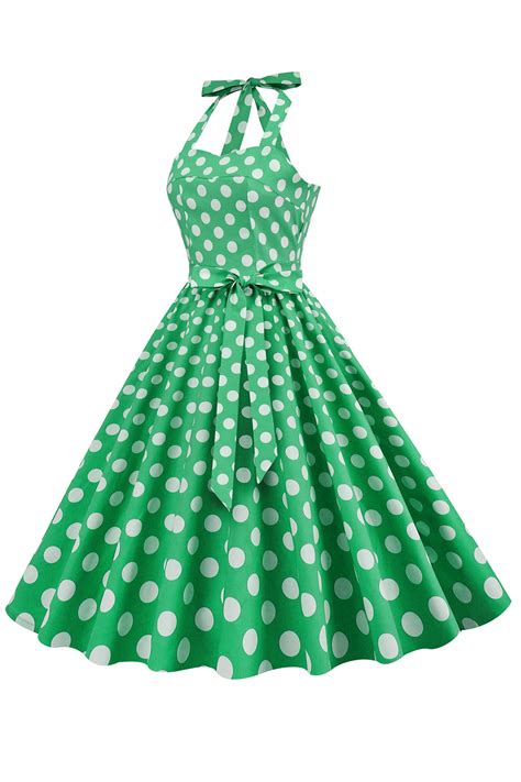 Zapaka Women 1950s Pin Up Dress Vintage Green Polka Dots Swing Retro