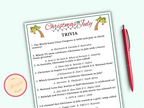 Christmas In July Trivia Game Printable Christmas In July Etsy