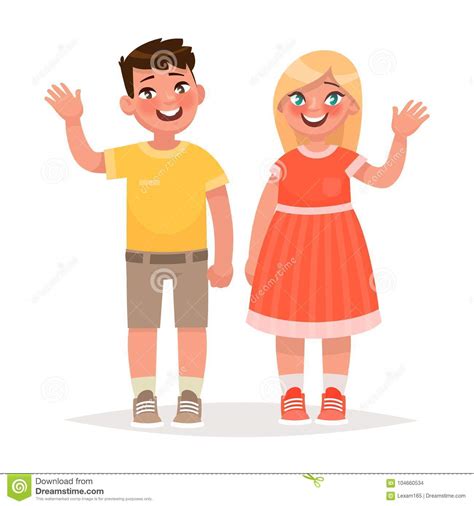 Boy And Girl Are Waving Hands Vector Illustration Stock