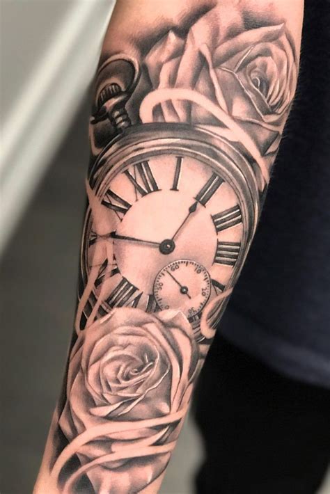 Sleeve tattoos are quite popular with men and have a way of enhancing the masculine features of the wearer. Clock and Rose Tattoo | Clock and rose tattoo, Unique half ...