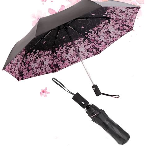 Female Sun Umbrellas Cherry Flower Automatic Umbrella Rain Women Black