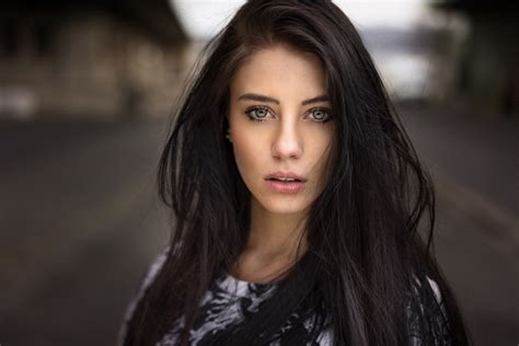 Blue Eyes Girl Long Hair Depth Of Field Dark Hair Portrait