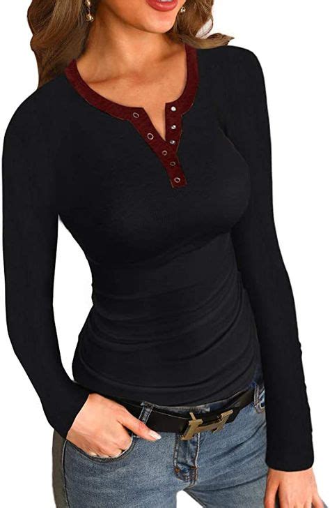 Womens Long Sleeve Henley Tops Round Neck Slim Fit Shirts Button Ribbed