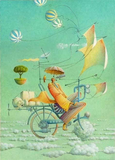 A Painting Of A Person On A Bike With Kites In The Sky Above Them