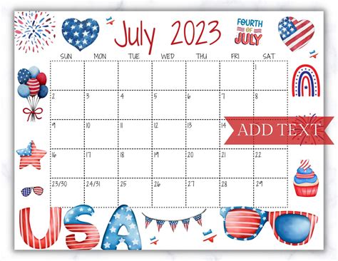 Printable Fourth Of July 2023 Calendar Editable Summer Calendar With