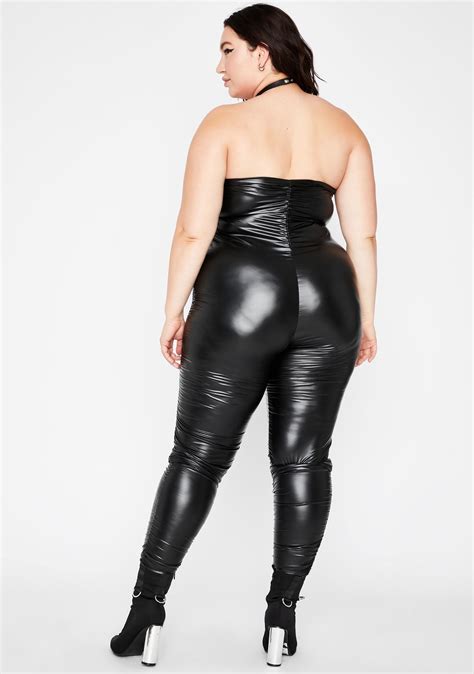 Plus Size Black Vinyl Strapless Catsuit Dolls Kill