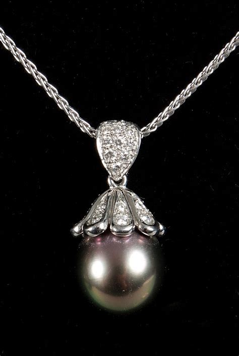 Mikimoto Platinum Diamond And Black Pearl Pendant